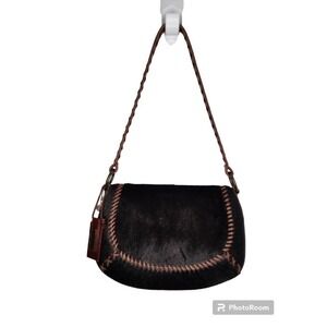 Antonio Melani Brown Deer Fur Shoulder Saddlebag Handmade Purse Half Moon